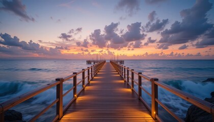 Obraz premium Wooden Pier Extending Over the Ocean at Sunset