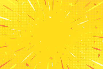 Cartoon Yellow Comic Pop Art Background. Modern creative anime halftone style background with stars and burst of rays for retro cover, banner, poster