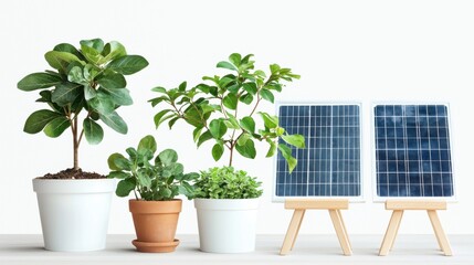 Obraz premium Renewable policy innovation strategy. Indoor plants beside solar panels in a bright, minimalist setting.