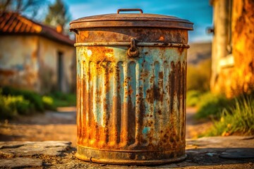 Fototapeta premium Rustic Metal Trash Can, Vintage Garbage Bin, Old Steel Waste Container, Retro Recycling Bin, Weathered Junk Can Stock Photo