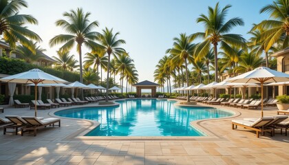 Fototapeta premium Tropical Resort Swimming Pool Surrounded by Palm Trees