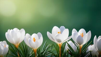 white crocus flowers with blurred green background