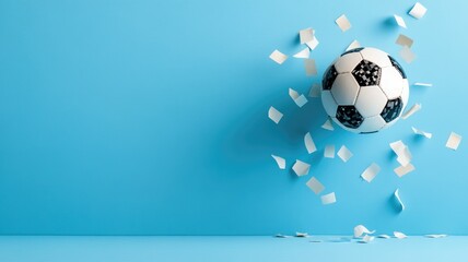 Soccer ball breaking through blue wall with paper debris
