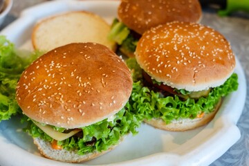 Preparing cheeseburger or hamburger with vegetables and meat. Homemade food or restaurant