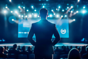 Silhouette of a man in a suit addressing an audience at a conference. Bright stage lights and a digital presentation screen in the background. Professional event and leadership concept.