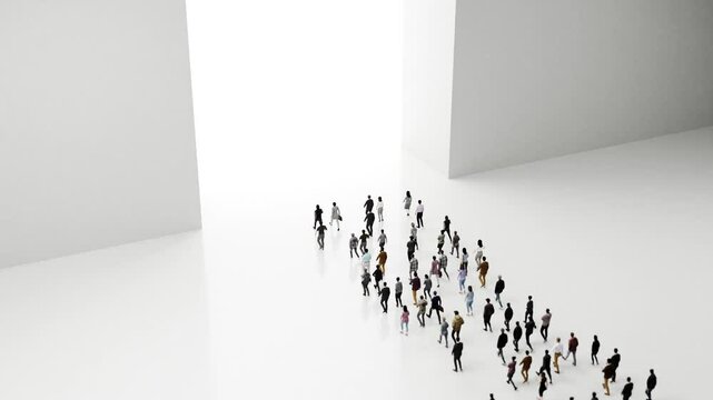 Crowd rushing through opening gate, moving towards promising white light symbolizing hope and freedom