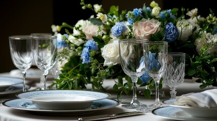Fototapeta premium Refined dining experience elegant china crystal glasses floral decor & welcoming atmosphere
