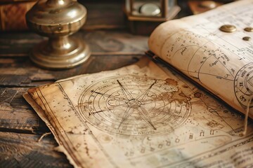 Open ancient book revealing mysterious astrological chart on wooden desk with vintage artifacts