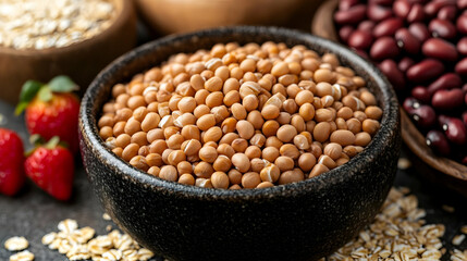Obraz premium Close-up of chickpeas in a bowl with oatmeal and red beans, healthy food concept