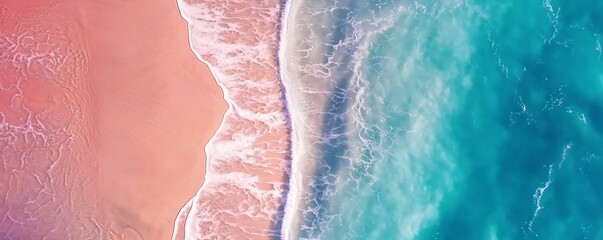 Aerial view of a stunning pink sand beach meeting turquoise ocean waves. Perfect for travel, summer, or vacation themes.