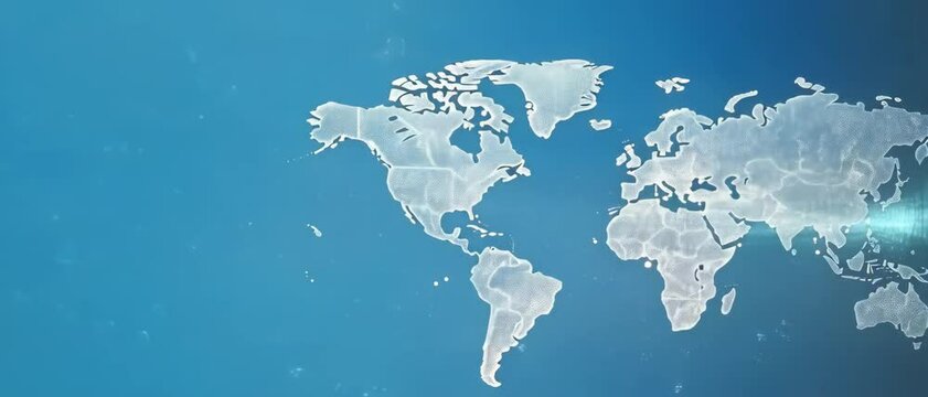 Anamorphic video digital world map with lines dots connections. World Communication Business Technology Network 