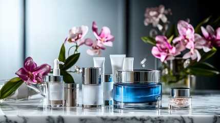 Luxurious skincare product display amidst floral decor modern spa setting high-quality photography aesthetic appeal