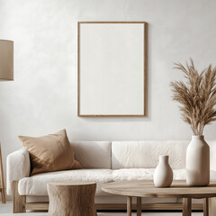 Living room interior in Japandi style, in beige color
