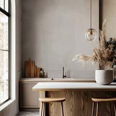 Modern kitchen interior with big window and wooden bar counter