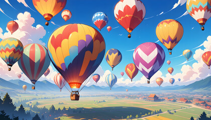 Obraz premium Colorful Hot Air Balloons Flying Over Green Landscape Under Blue Sky
