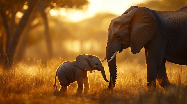 Baby Elephant Playing with Mother in Golden Hour Savanna