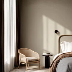 Interior in a calm mid-century modern style, bedroom interior