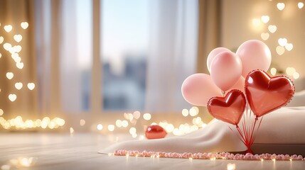 A cozy, intimate room decorated with soft pink and red heart-shaped balloons, creating a romantic vibe for a special Valentine Day evening.