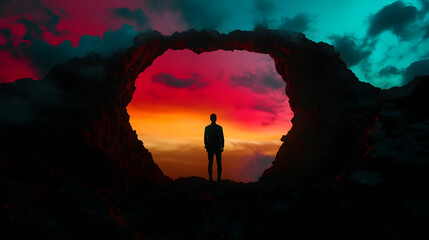 Obraz premium Silhouette of a person standing in a natural arch during a vibrant sunset with colorful sky at an outdoor location