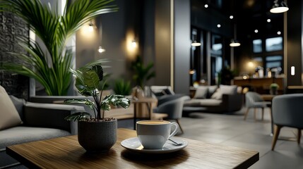 Minimalistic coffee shop experience urban environment interior design relaxing atmosphere cozy viewpoint