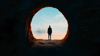 Fototapeta premium Silhouette of a person standing in a cave entrance at sunset overlooking a vast landscape with colorful sky