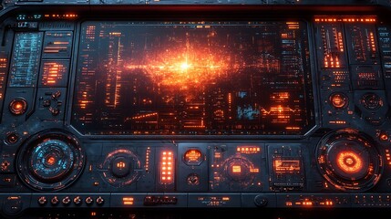 Fototapeta premium Red Glowing Circuit Board Technology Advanced System Energy Design SciFi Illustration
