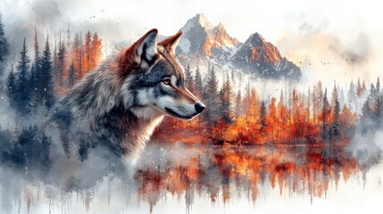 Majestic wolf gazing over a tranquil lake surrounded by autumn foliage and distant mountains