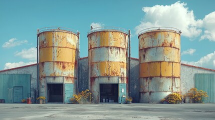 Obraz premium Abandoned industrial silos with rust and flowers under a blue sky, showcasing nature reclaiming space