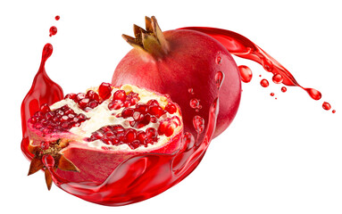 pomegranate with juice splash isolated on white background