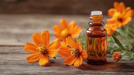 A fresh, natural scene with a bottle of Orange Blossom essential oil placed next to fragrant orange flowers, evoking a sense of calm and revitalization.