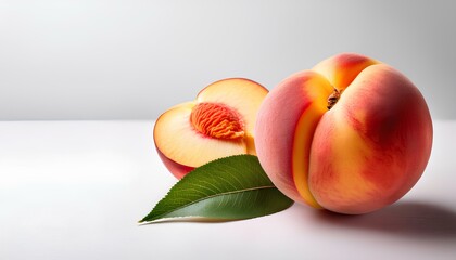 peach with leaves isolated on white background.