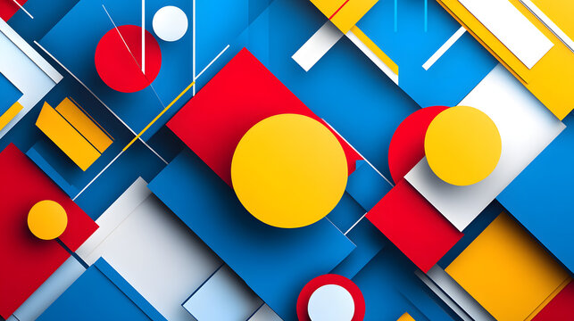 An energetic abstract design featuring overlapping geometric forms in bold primary colors such as red, blue, and yellow, arranged in a dynamic composition 