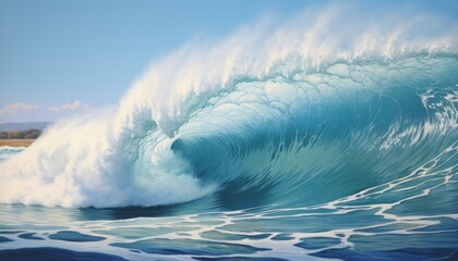 Fototapeta premium Large, vibrant blue wave crashing with white foam against a bright blue sky and calm ocean. The wave's power is emphasized by the clear, sharp details of the water and foam.
