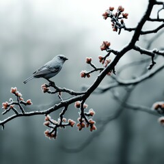 Solitary Grey Bird Perched Peacefully on Snow-Dusted Branch with Reddish Buds Against Muted Background