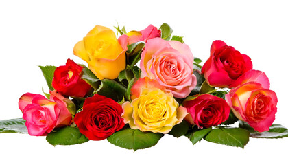 Bright and colorful assortment of roses with lush green leaves, highlighting vibrant yellow, pink, and red blooms, conveying themes of love, beauty, and celebration. Isolated on white background