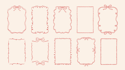 Doodle hand drawn coquette frames with hearts, wavy lines, bows and ribbons. Trendy vintage whimsical borders for wedding invitations, birthday card, prints. Vector modern illustration.