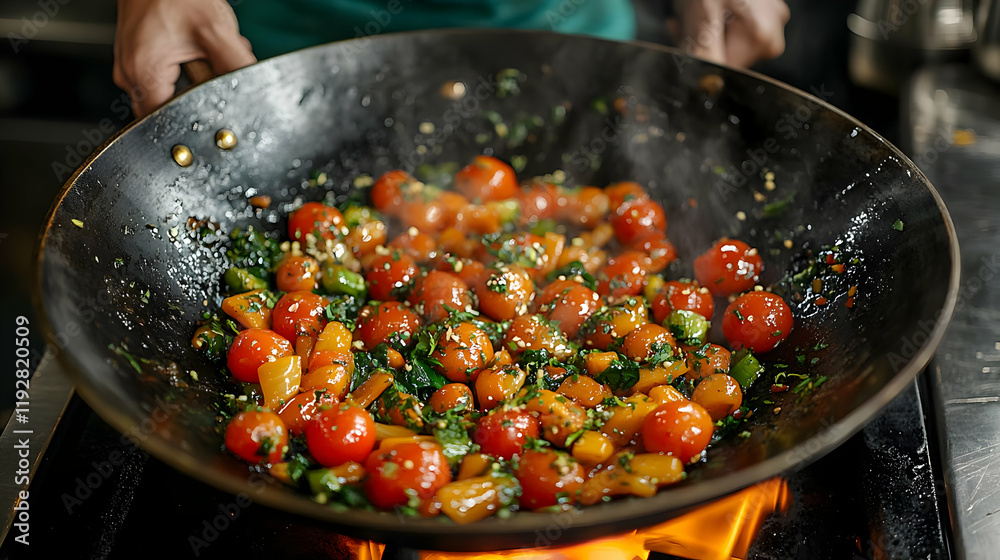 Wall mural Close-up of a chef stir-frying colorful vegetables in a hot wok. The vibrant vegetables are cooking in a flavorful sauce, creating a delicious and hea