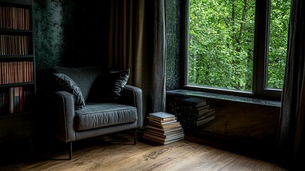 Fototapeta premium Cozy reading nook with natural light peaceful home interior modern design green view inviting atmosphere
