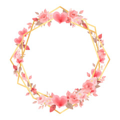 Floral Heart Wreath: A delicate watercolor wreath, featuring blush pink roses and hearts nestled within a geometric golden frame. Perfect for adding a touch of romance and elegance to your designs.