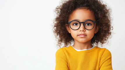 Obraz premium Portrait of a young black girl with glasses and yellow sweater isolated on white background 
