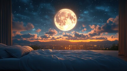 Full moon view from bedroom window at night.