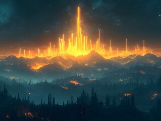 Gleaming Futuristic Cityscape Ascending Over Serene Landscape Symbolizing Financial Growth and Prosperity