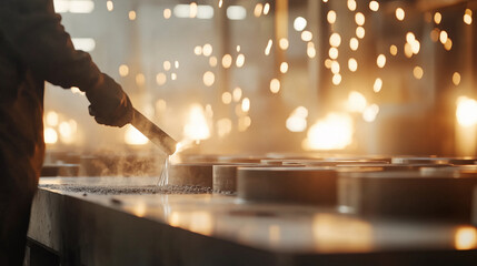 Foundry Worker Pouring Molten Steel in Industrial Setting