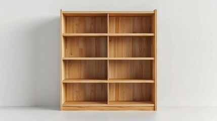 Wooden open bookshelf unit for storing books and decorative items isolated on a white background.