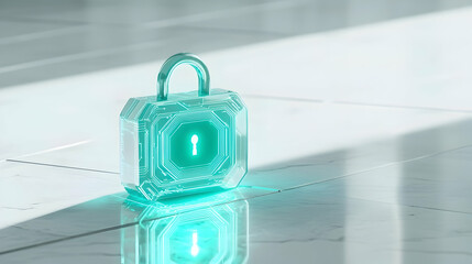 Cybersecurity concept visualized by a glowing teal 3D lock icon with circuit patterns and faint glowing lines