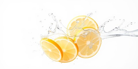 Pieces of lemons falling into water creating a splash against a white background, splash, vibrant, white background