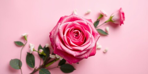 Fototapeta premium Pink rose flowers bouquet on pink background flat lay top view minimal floral composition, pink rose, pink background, beautiful