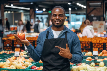 Holding an apple. Grocery store worker in apron is near products