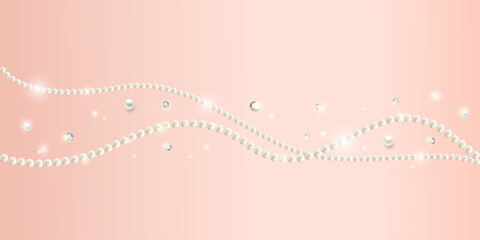 Pearls. Beads. Jewelry. Garland. Festive decoration. Beautiful vector background of sparkling pearls on a pink background. Necklace. Border.