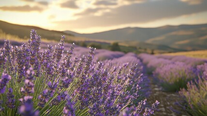 Obraz premium Serene Lavender Fields Under Soft Sunset Hues with Majestic Mountains in the Background and Dreamy Cloudy Sky